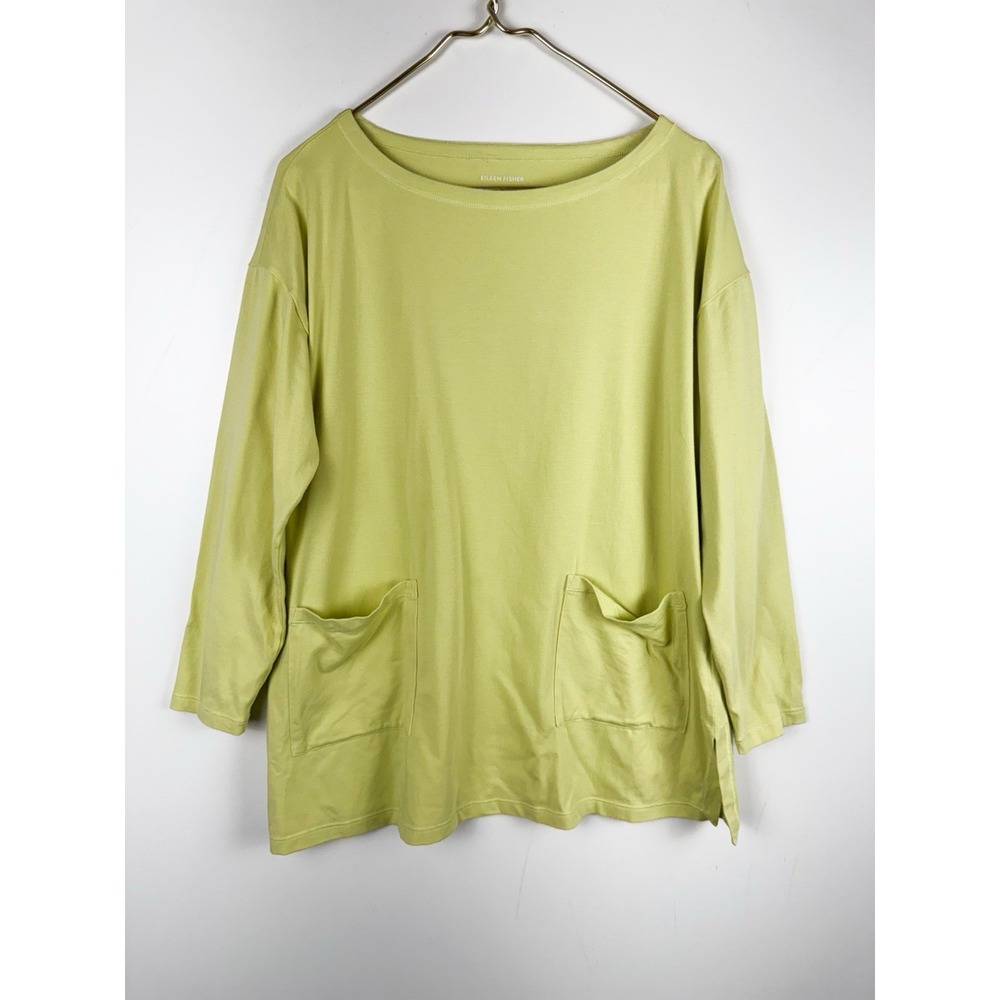Eileen Fisher Size XS Light Green Organic Cotton Boat Neck Pocket Top Tunic